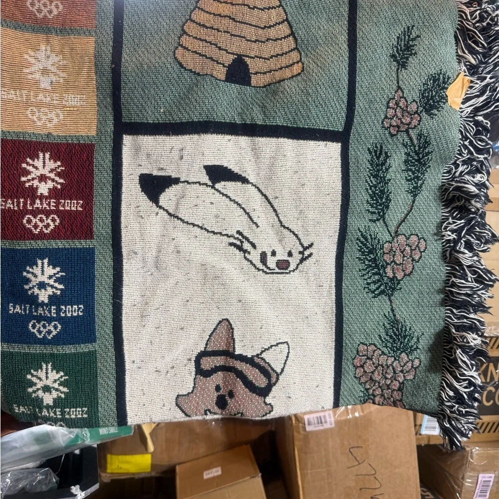 Salt Lake 2002 Olympic Commemorative Throw Blanket - Green, Blue, Cream